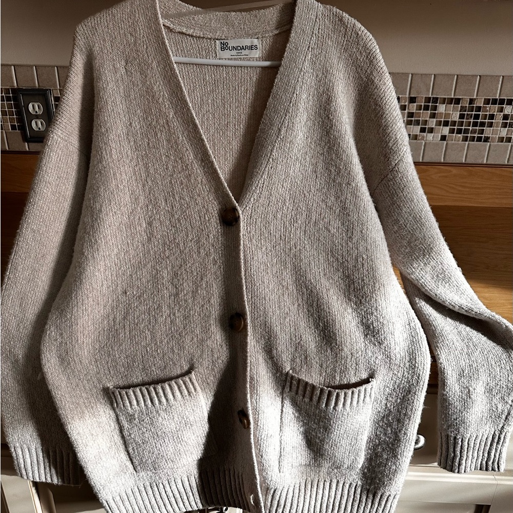 No Boundaries Women's Tan button up Cardigan Sweater - Picture 3 of 12